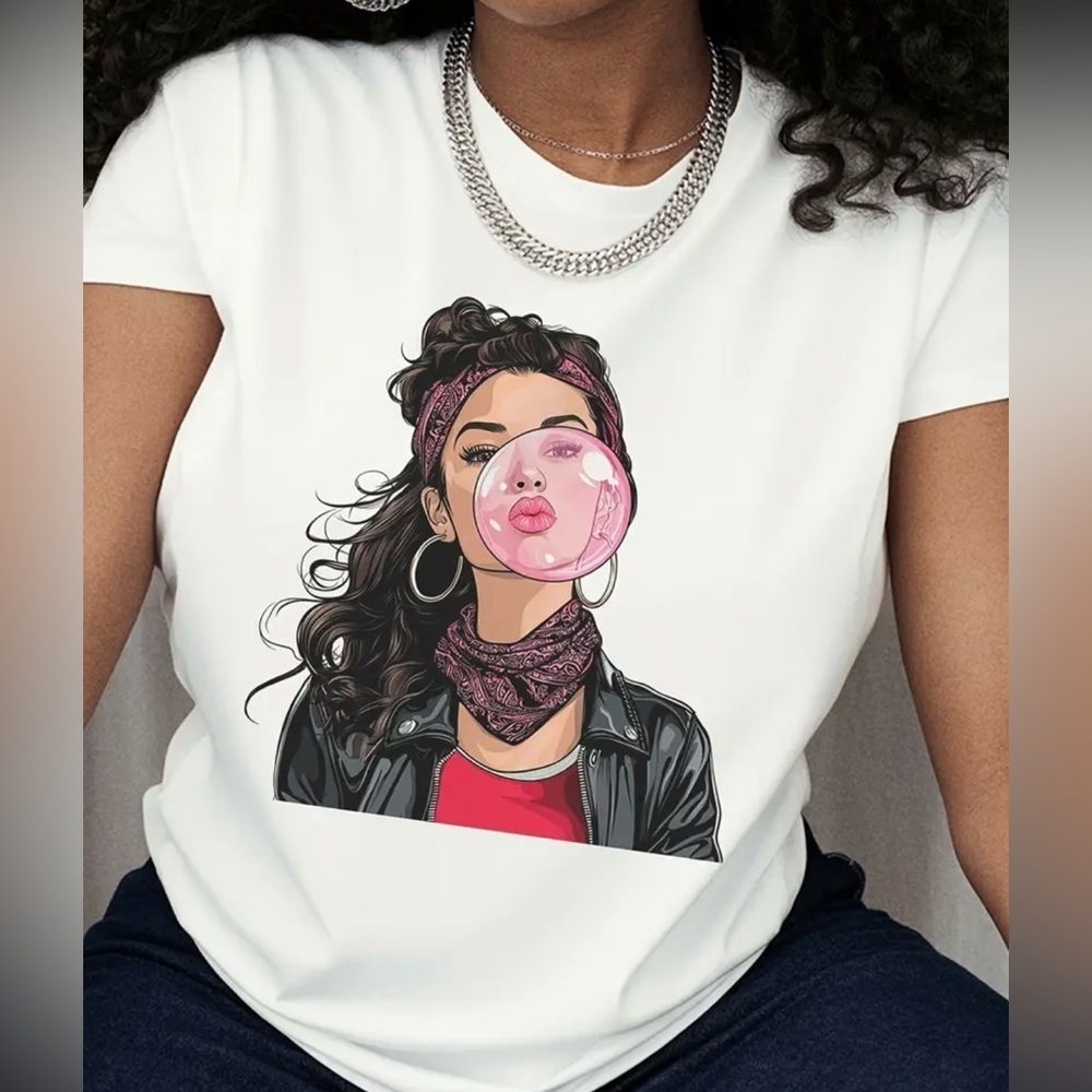 Graphic White Tee with Bubblegum Print